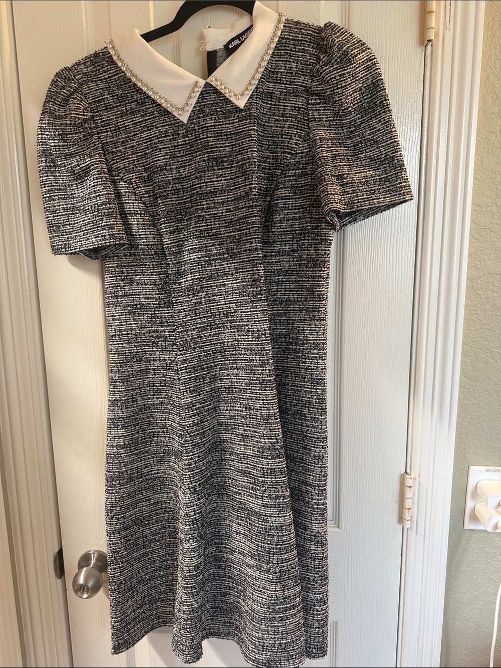 Karl Lagerfeld Black-and-White Tweed Dress with Pearl-Trim Collar